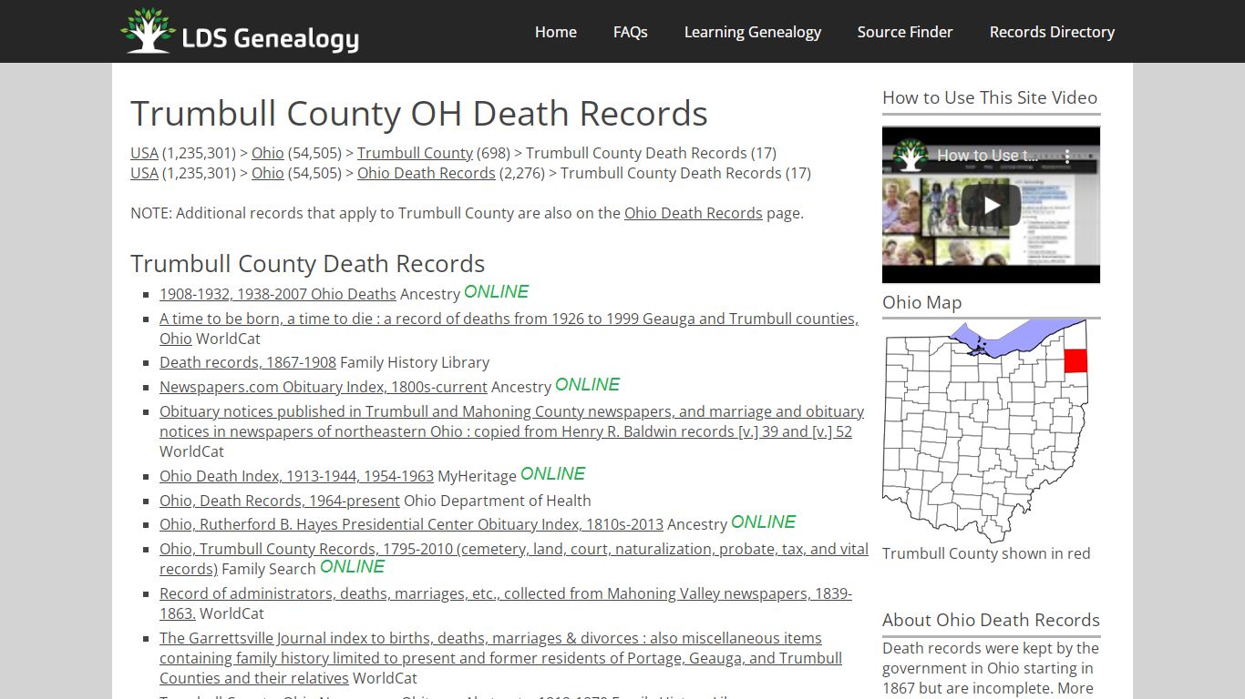 Trumbull County OH Death Records - LDS Genealogy